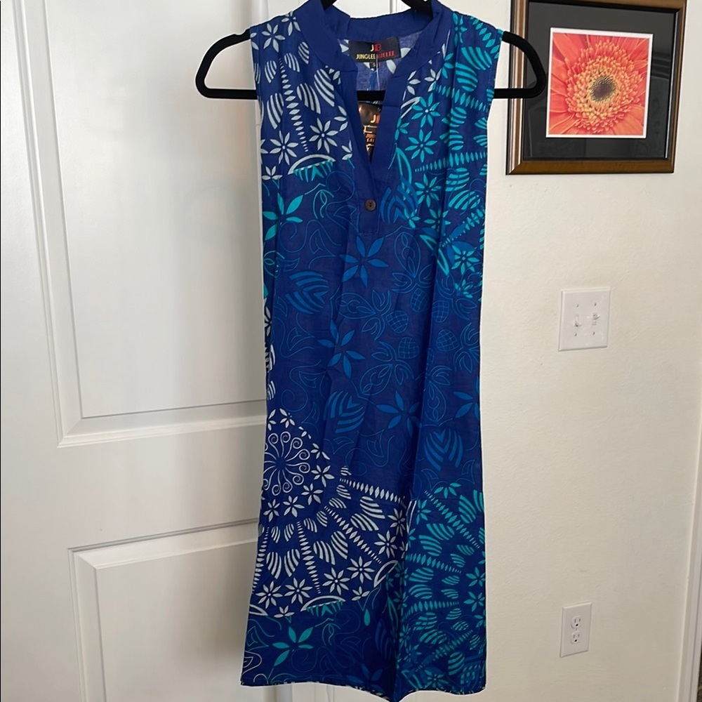 Blue and Teal Patterned Midi Dress with tied back